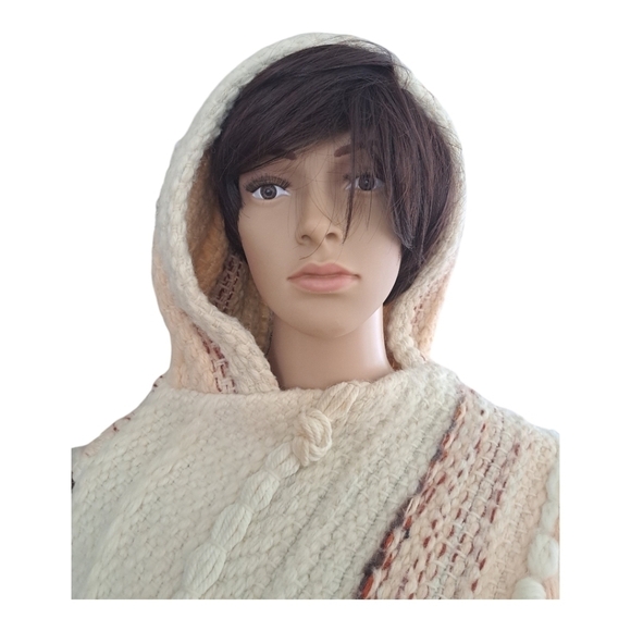 martine gruber vintage 100 pure virgin wool Hand woven poncho with hood fringes - Picture 9 of 16